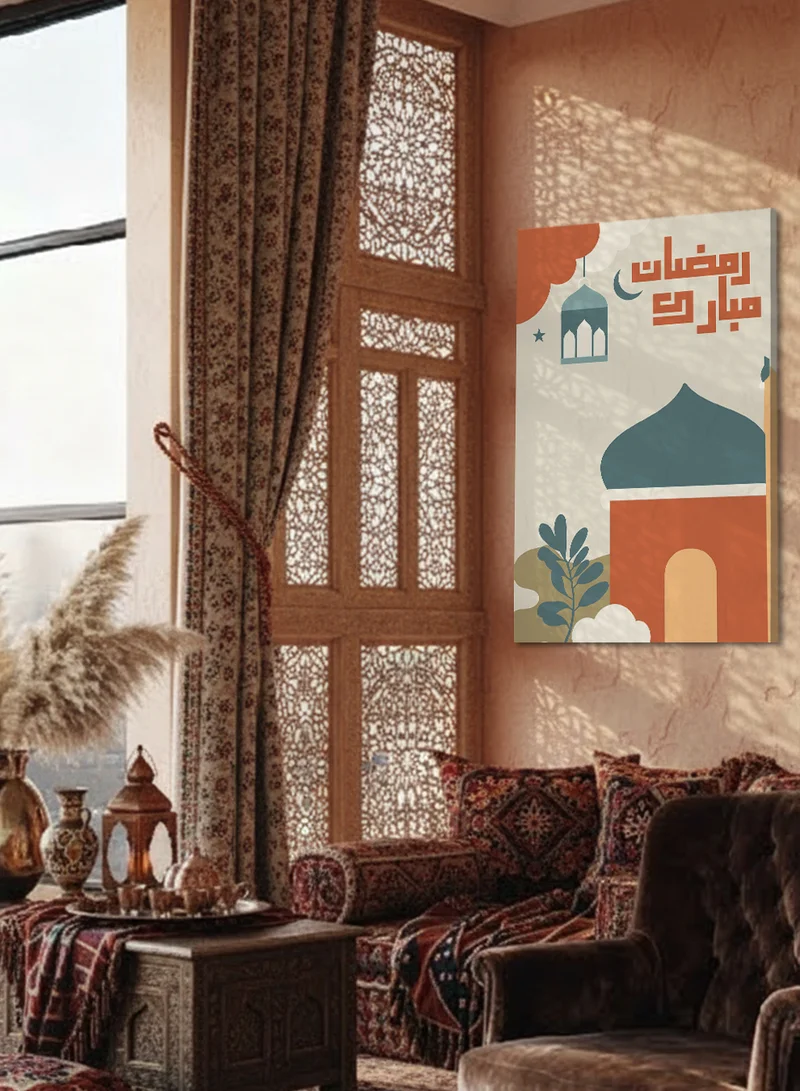 LOWHA Canvas Wall Art Stretched Over Wooden Frame with Ramadan Mubarak and Lantern Design
